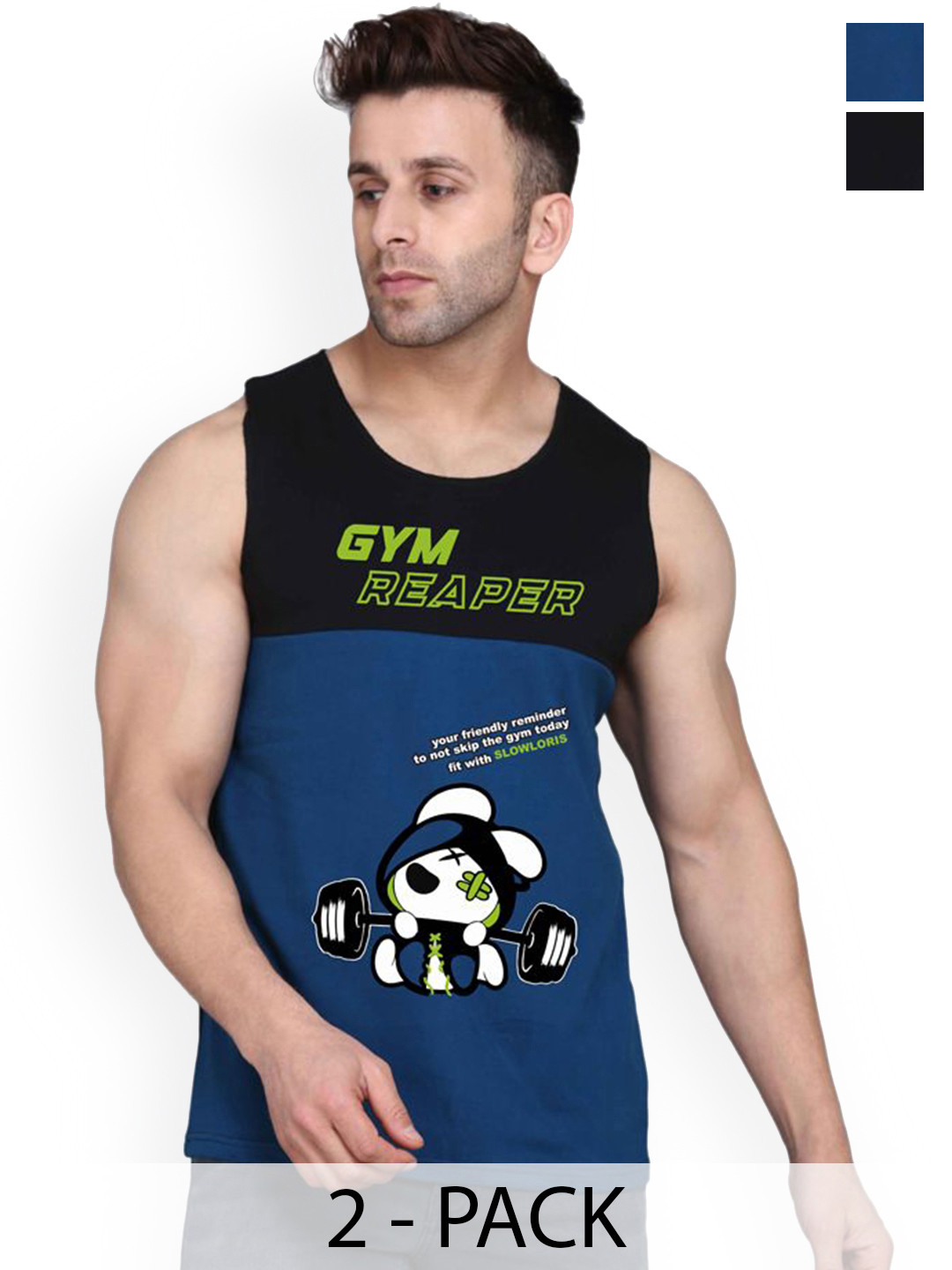 SLOWLORIS Men Pack of 2 Printed Gym Vests VSL26 CMB(GYM BLKPEACOCK)(KEEP BLACK)