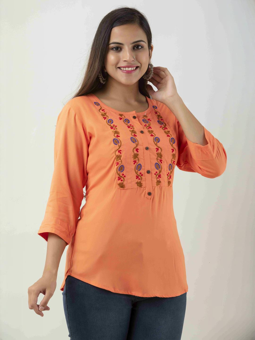 RR SA KURTIS Floral Embroidered Round Neck Top