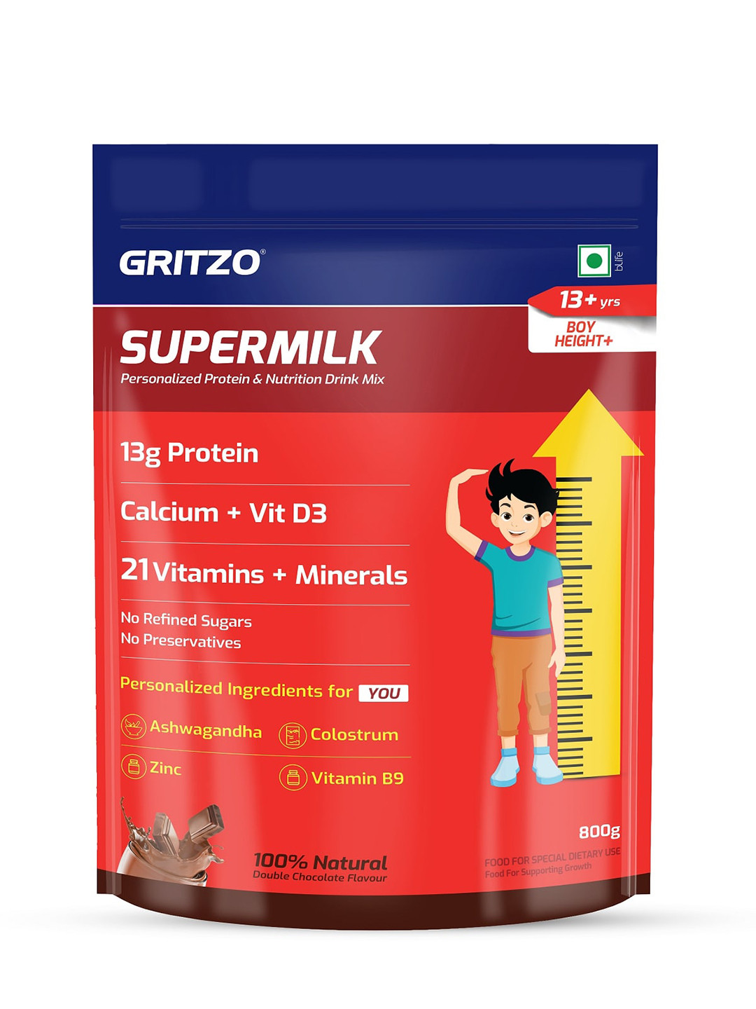 Gritzo SuperMilk Height+ 13g Protein- Double Chocolate- 800g