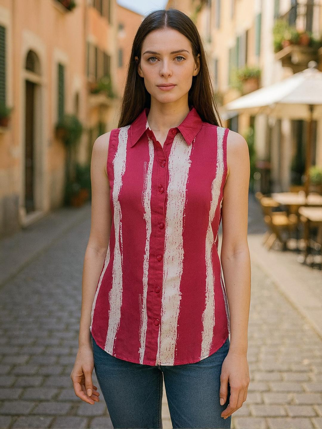 DressBerry Women Fuchsia Georgette Striped Classic Casual Shirts