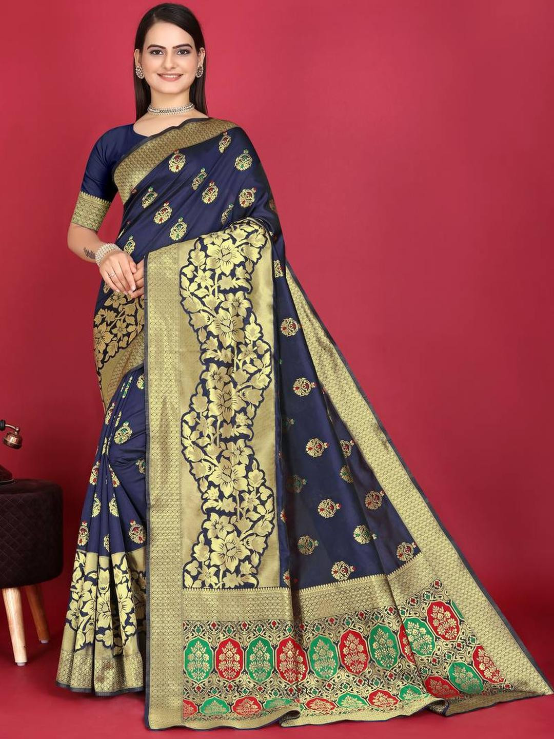 GHAN SALS Navy Blue Silk Blend Woven Design Sarees