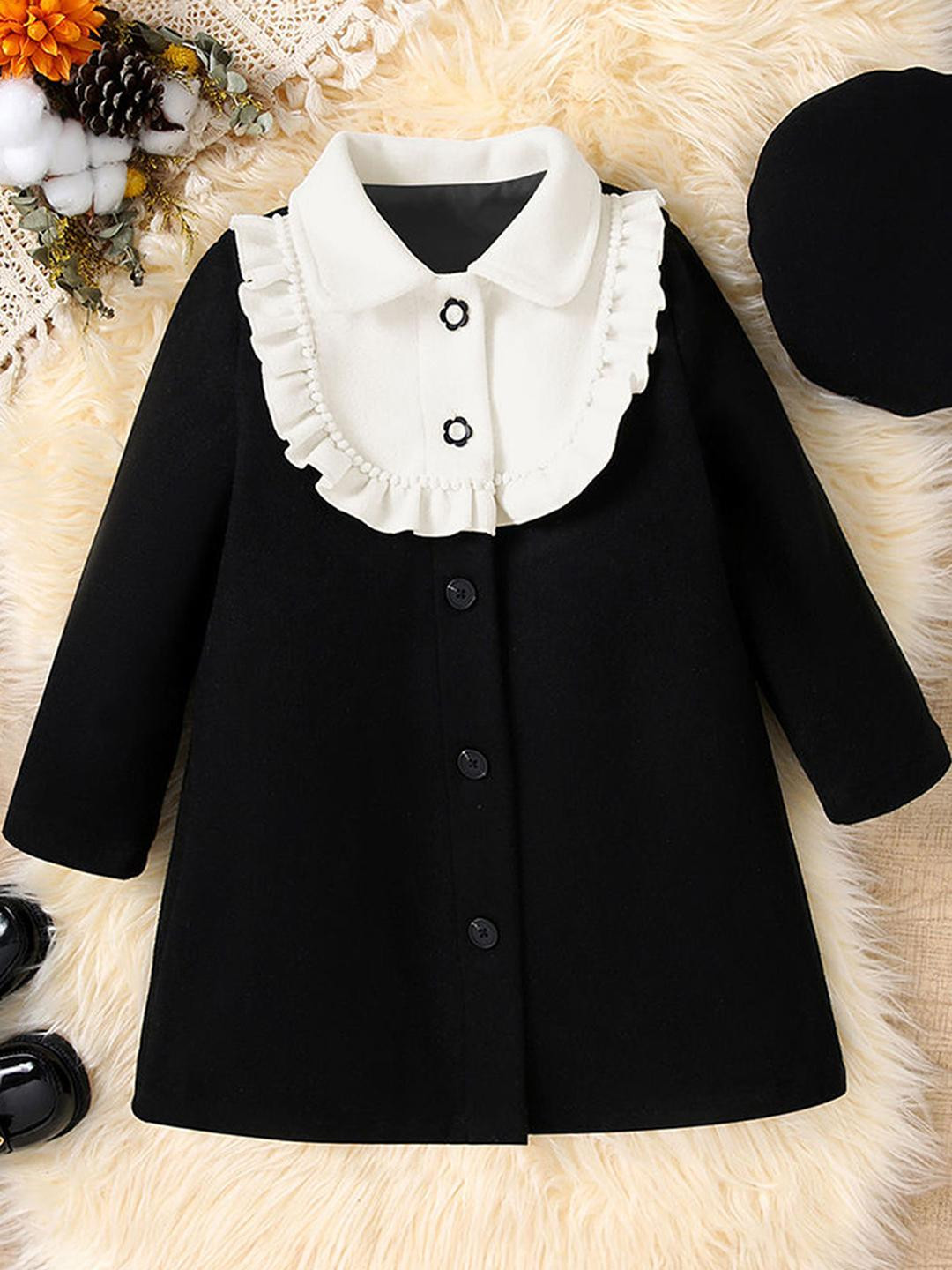 Hopscotch Girls Button-Front Coat With Ruffle Front & Hat