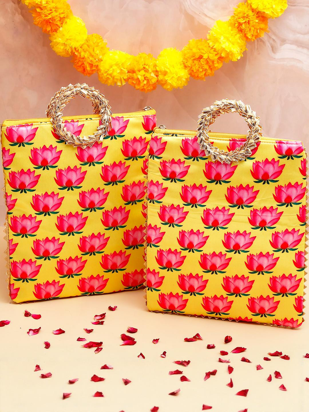 Archies Lotus Floral Printed Handheld Zip Up Fabric Bag