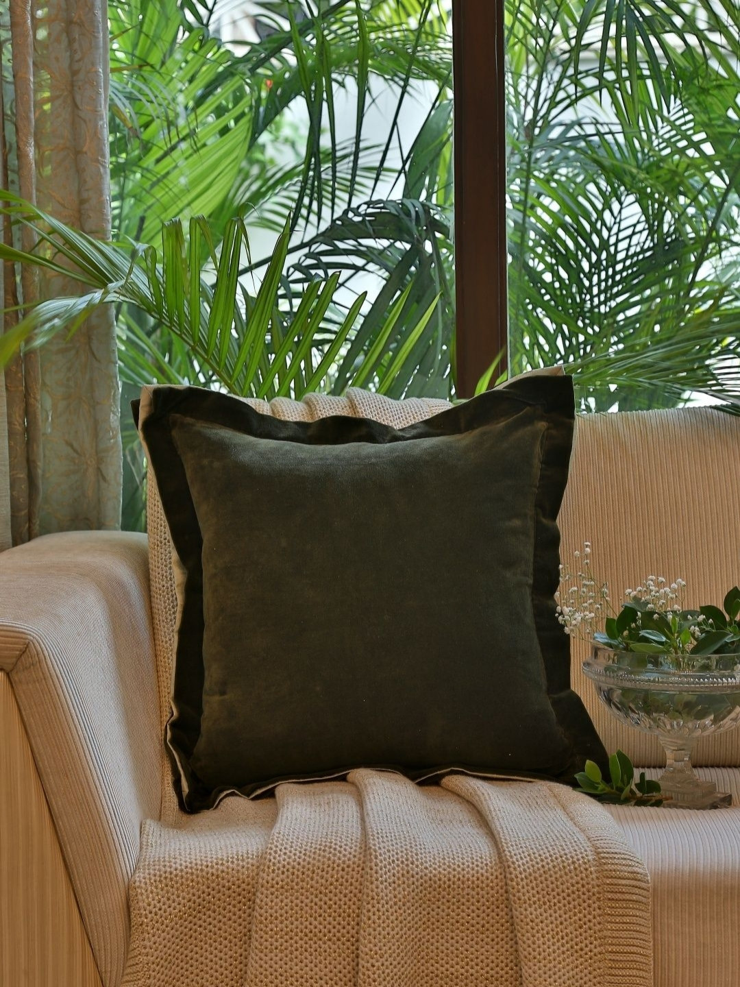Revive Home Unisex Olive Square Velvet Cotton Cushion Cover With Contrast Border Trim