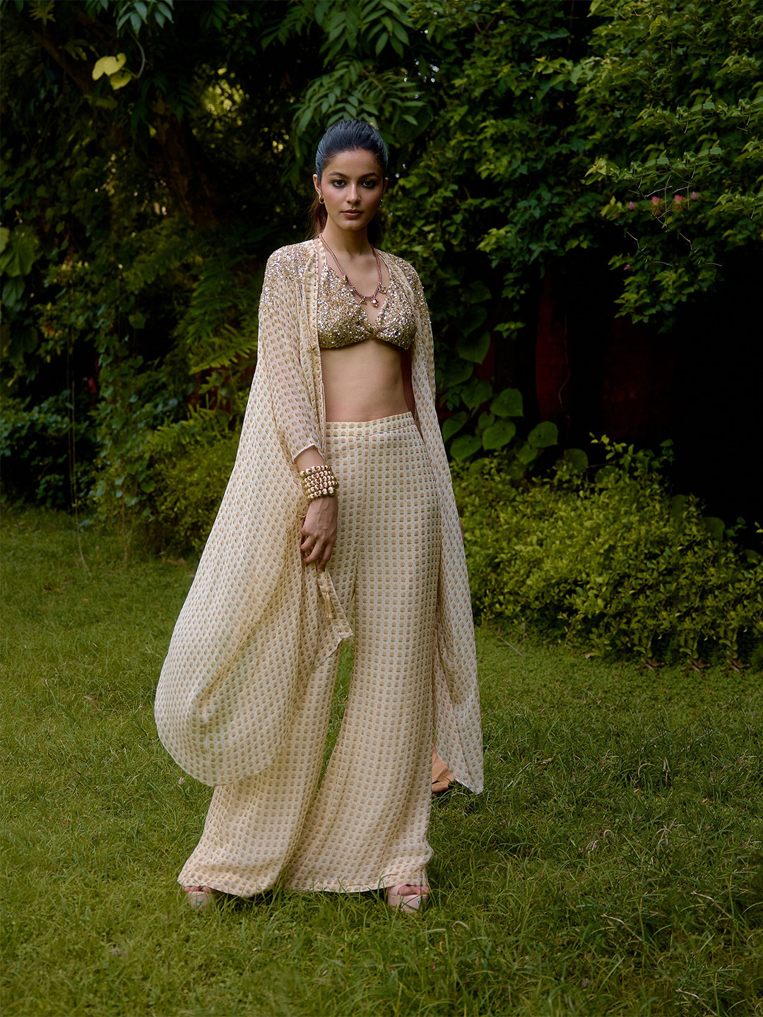 Nikasha Women Printed Basic Jumpsuit With Embroidered Bralette with Overgarment and Pants