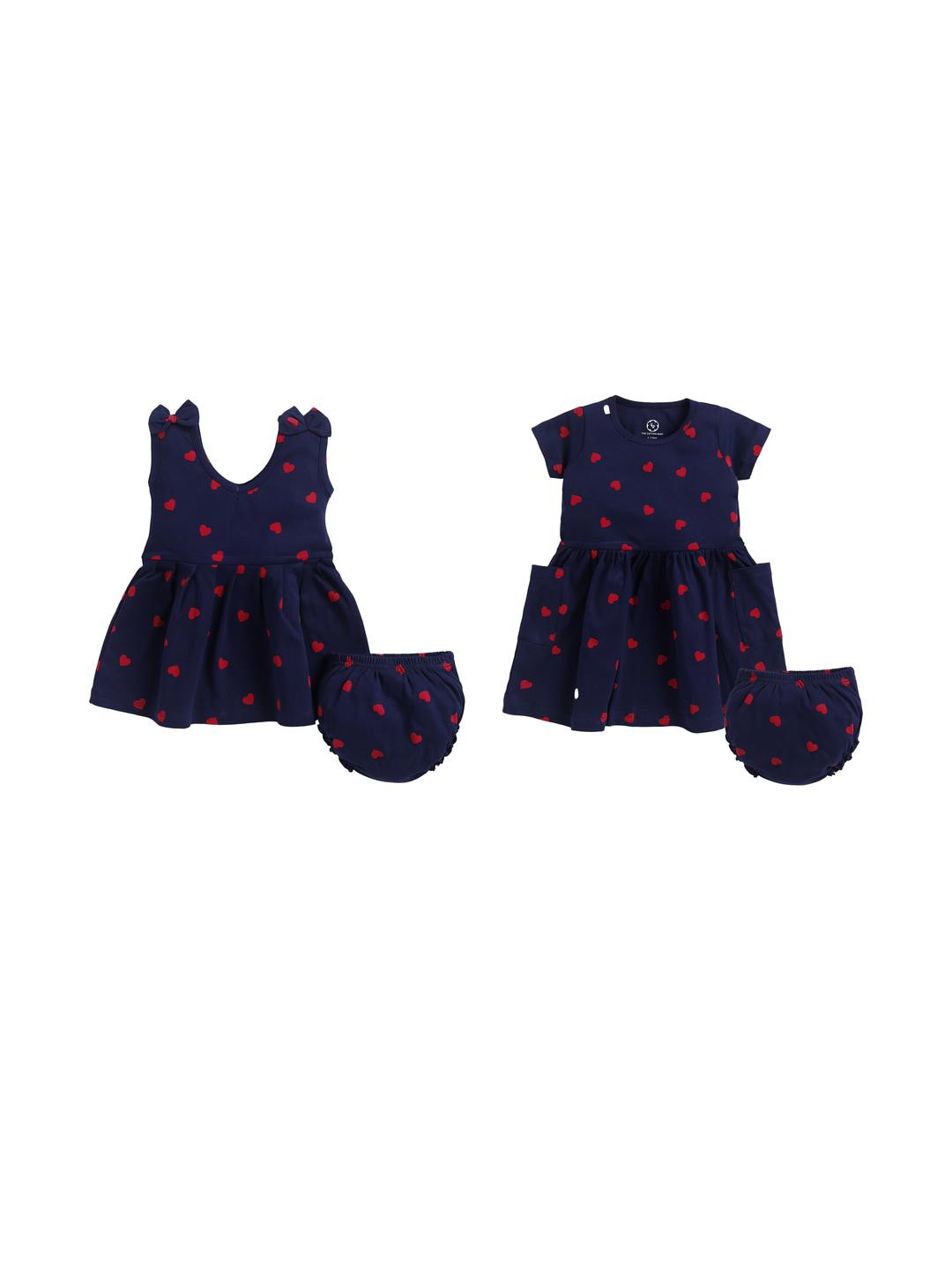 THE COTTON BABY Kids Girls Pack Of 2 Navy Blue Printed Cotton Dress With Panty