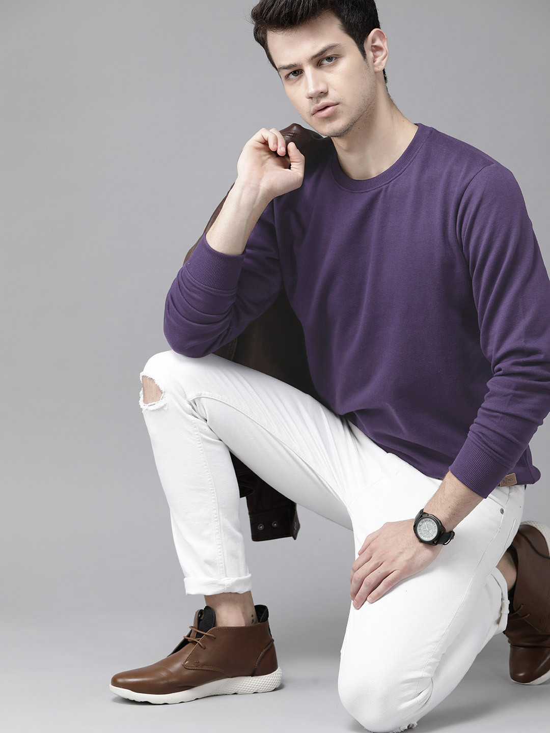 Roadster Men Purple Solid Sweatshirt
