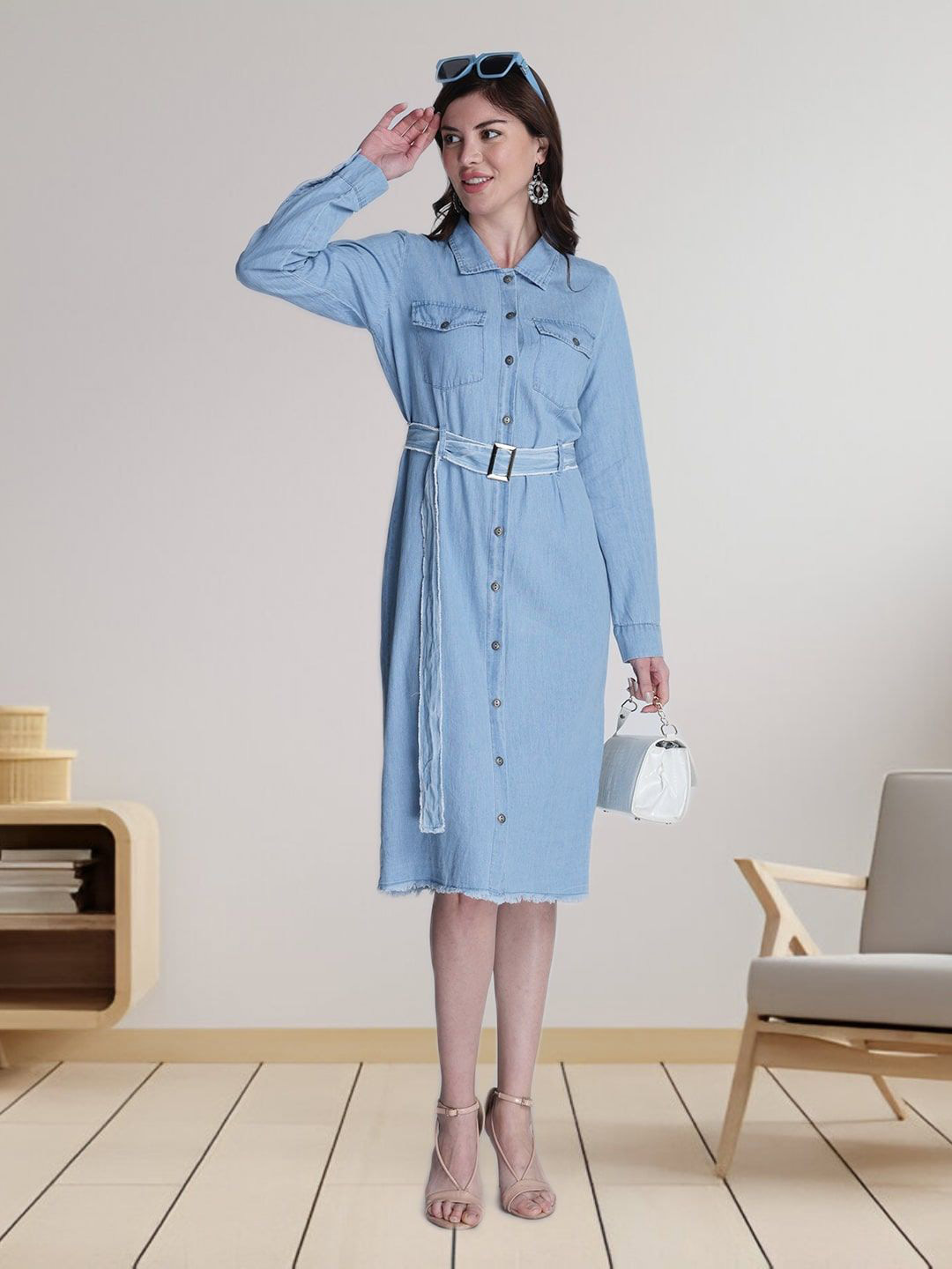 R.Code by The Roadster Life Co. Denim Front Button Belted Shirt Dress