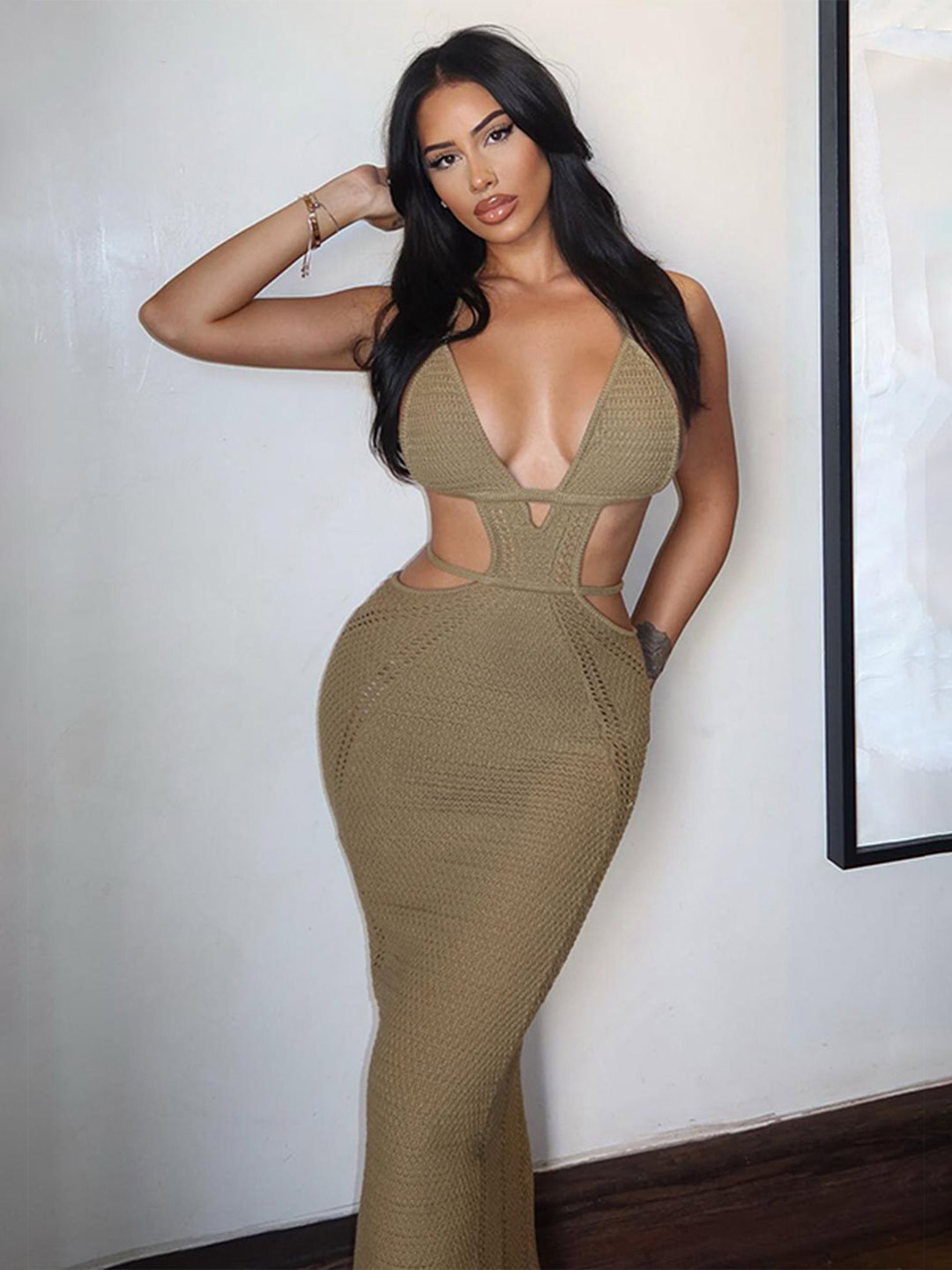 Khaki Crochet Cut Out Maxi Dress - Party Wear