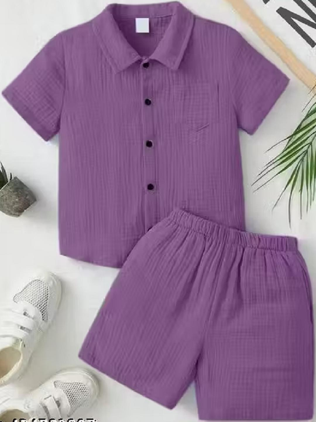 KAVYA FASHION Unisex Kids Purple Shirt Collar Cotton Shirt With Slip On Shorts