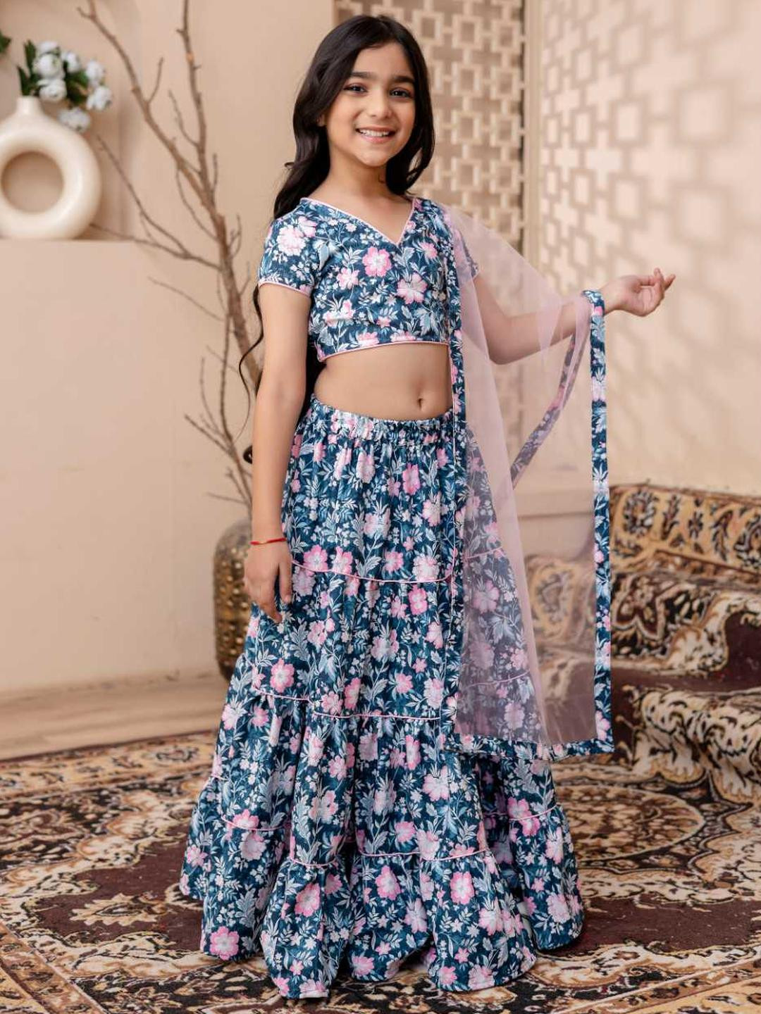 Sangria Girls Teal Viscose Rayon Printed Kurta Sets