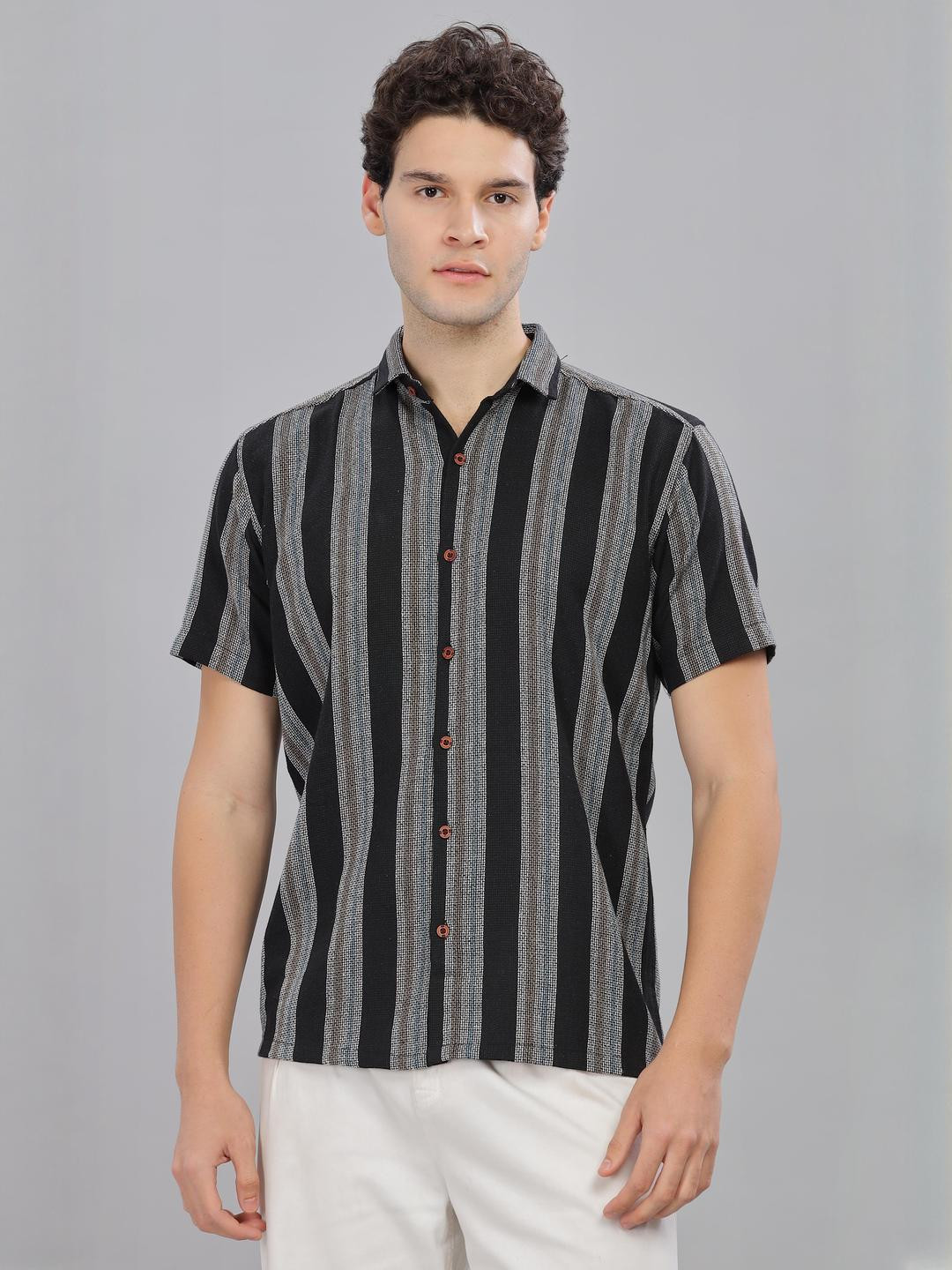 Moda Rapido Men Black Polycotton Striped Classic Casual Shirts