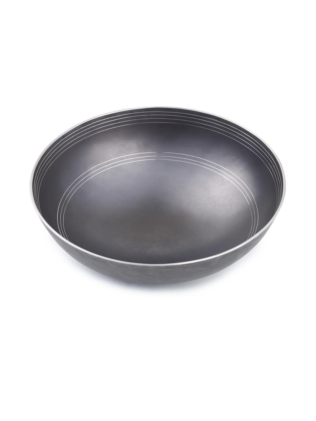 PTR Black Dishwasher Safe Handle-Free Smooth Edge Heavy Base Iron Wok- 4 L