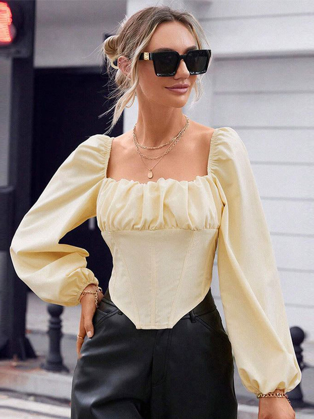 Outzidr Women Square Neck Corset Ruched Top