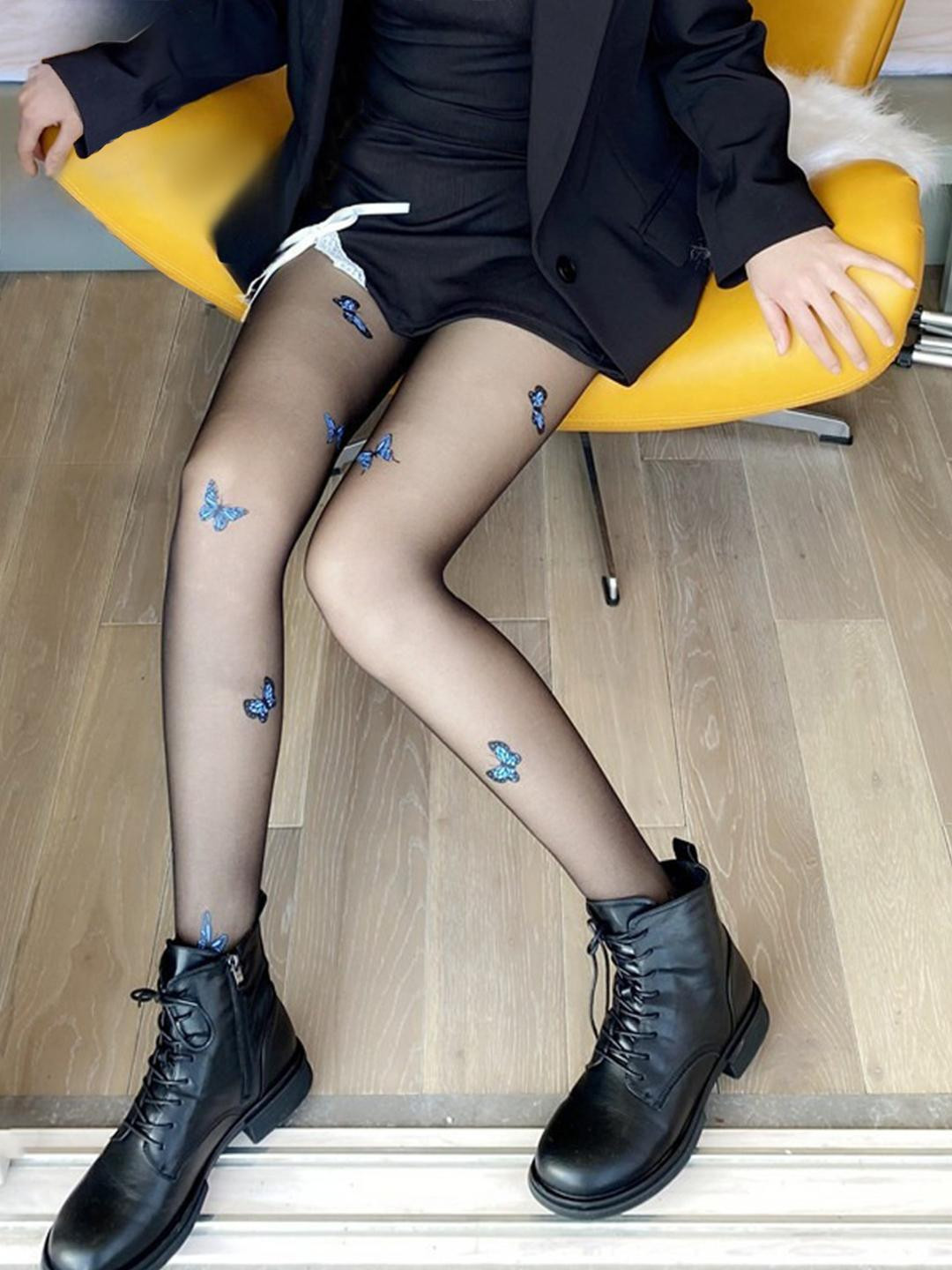 Womens Sheer Black Stockings with Blue Butterfly