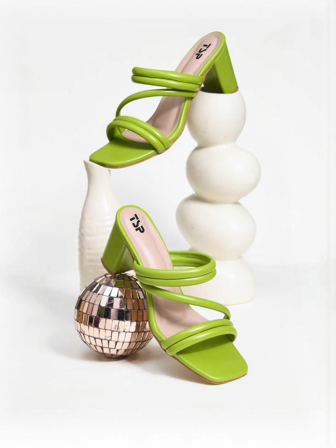 THE STHAPAK BLESS YOUR FEET Women Green Colourblocked Square Toe Synthetic Block Heels