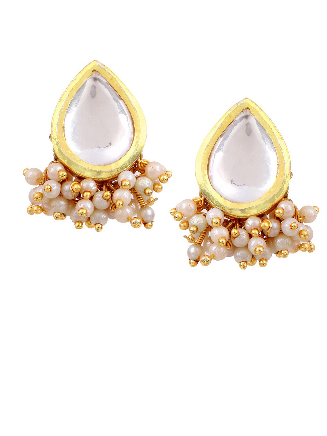 AARSEE OFFICIAL Gold-Plated Stones Studded & Pearls Geometric Shaped Drop Earrings