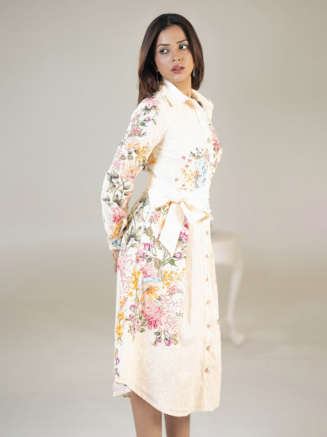 PRETTY PIXIE Women Floral Printed Belted Shirt Dress