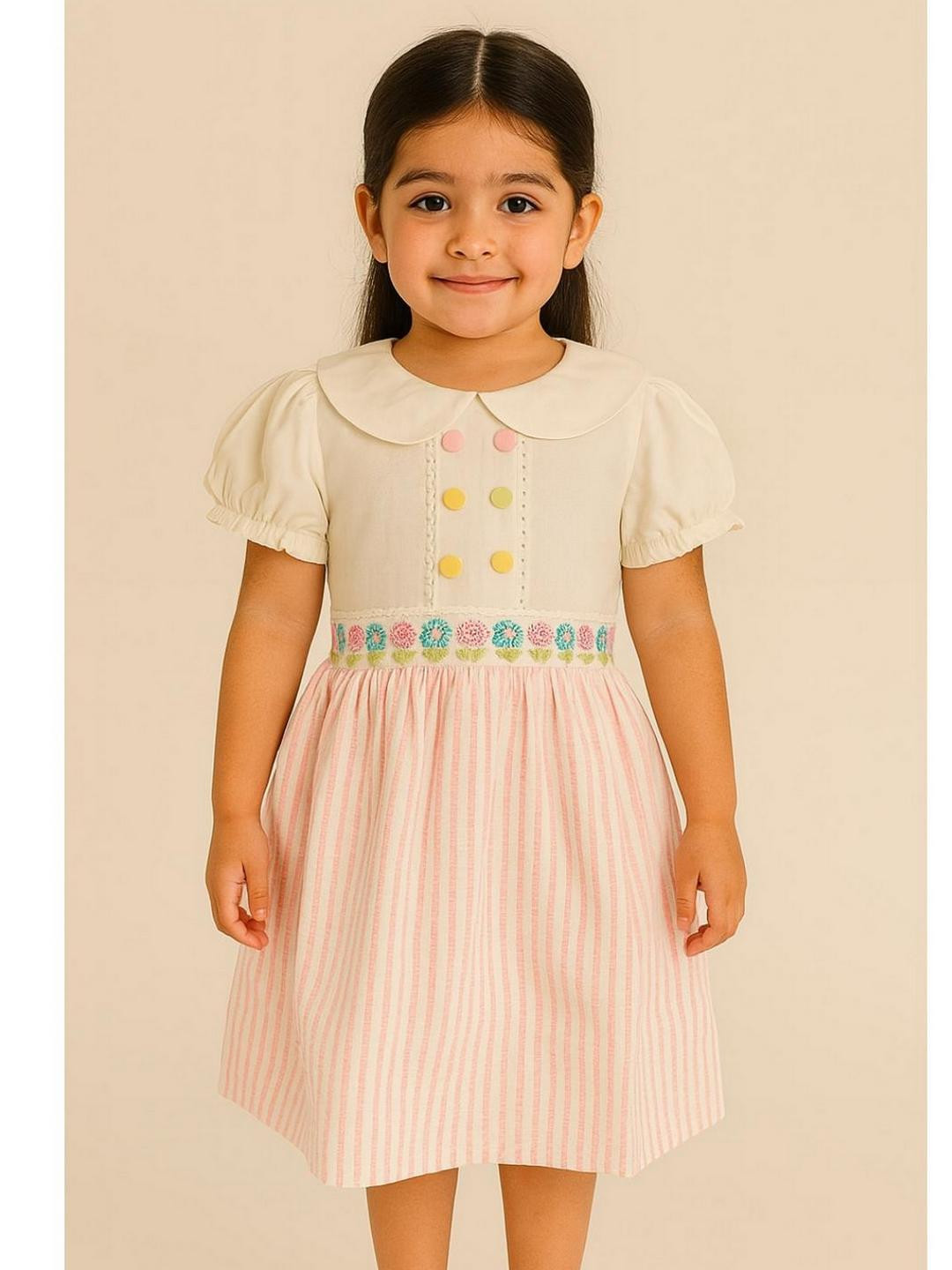 Sangria Girls linen puffed half sleeves pink embroidered frock