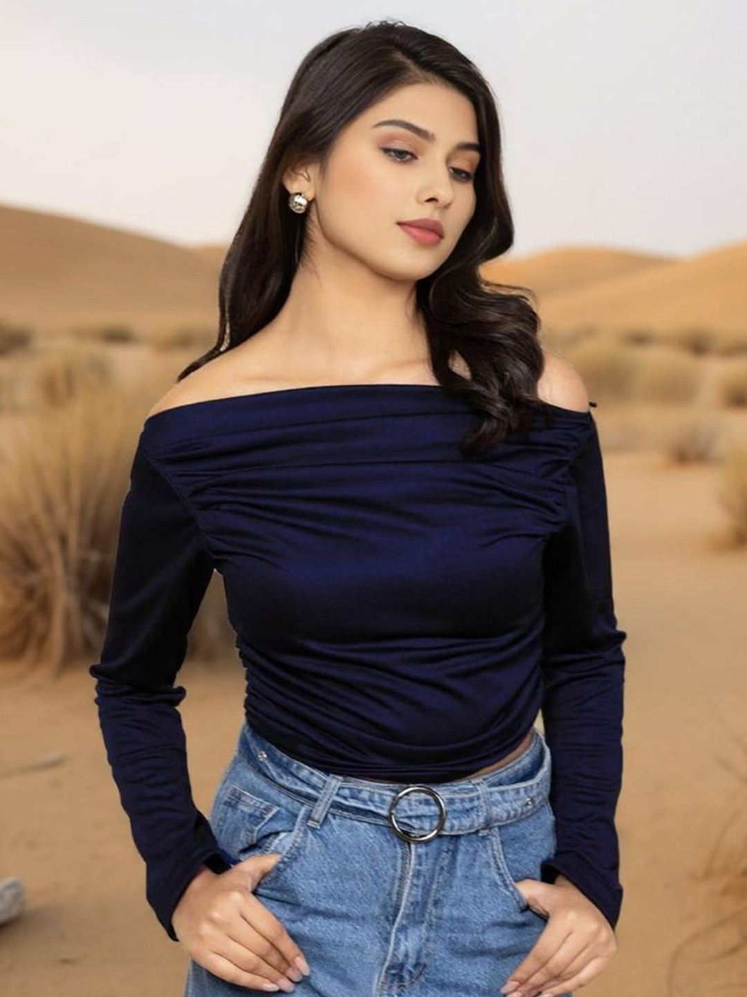 Womenster Women Asymmetric Collar Crepe Bardot Crop Top