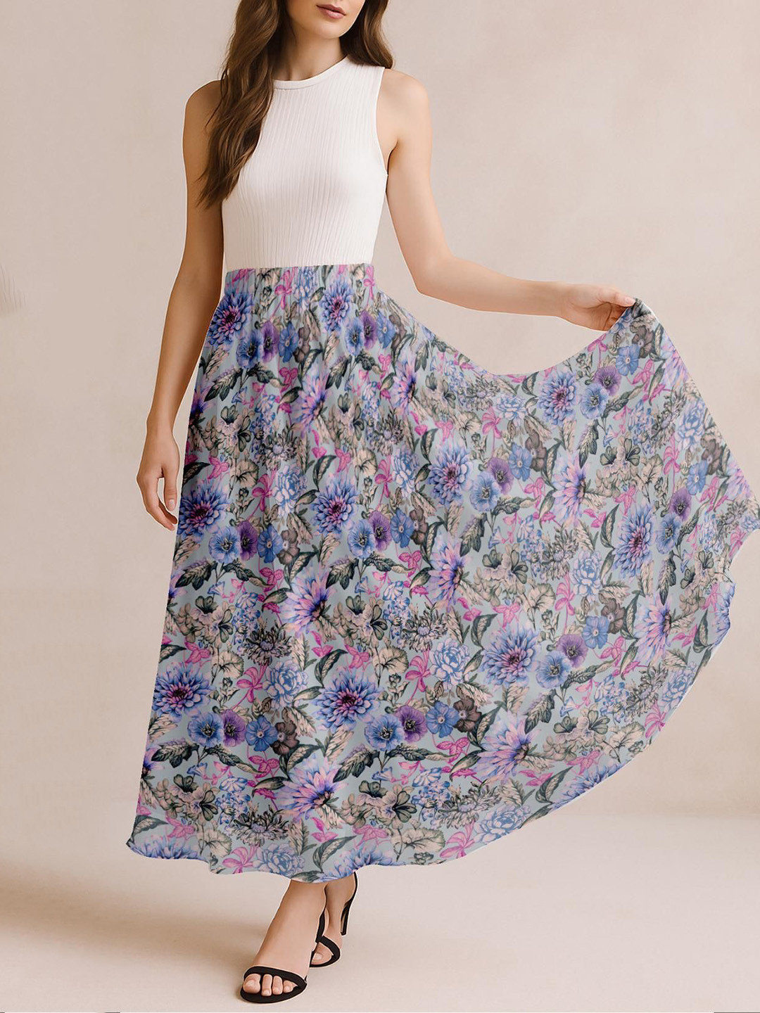 Moomaya Floral Printed High Waist Flowy A-Line Maxi Skirt