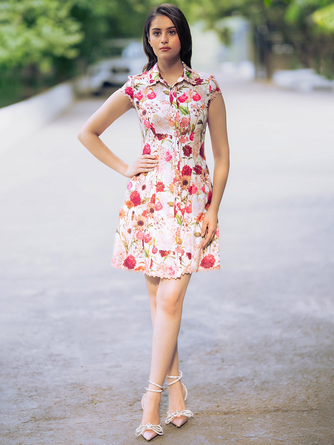 PRETTY PIXIE Floral Print Puff Sleeves Shirt Collar Shirt Dress