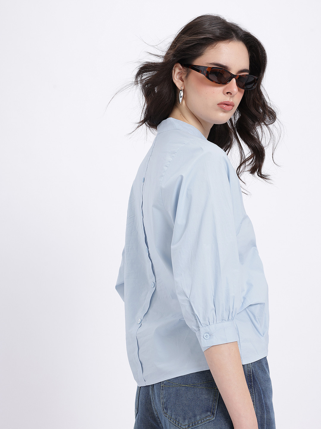 StyleCast V-Neck Pleated Detail Cotton Top with Mock Buttons