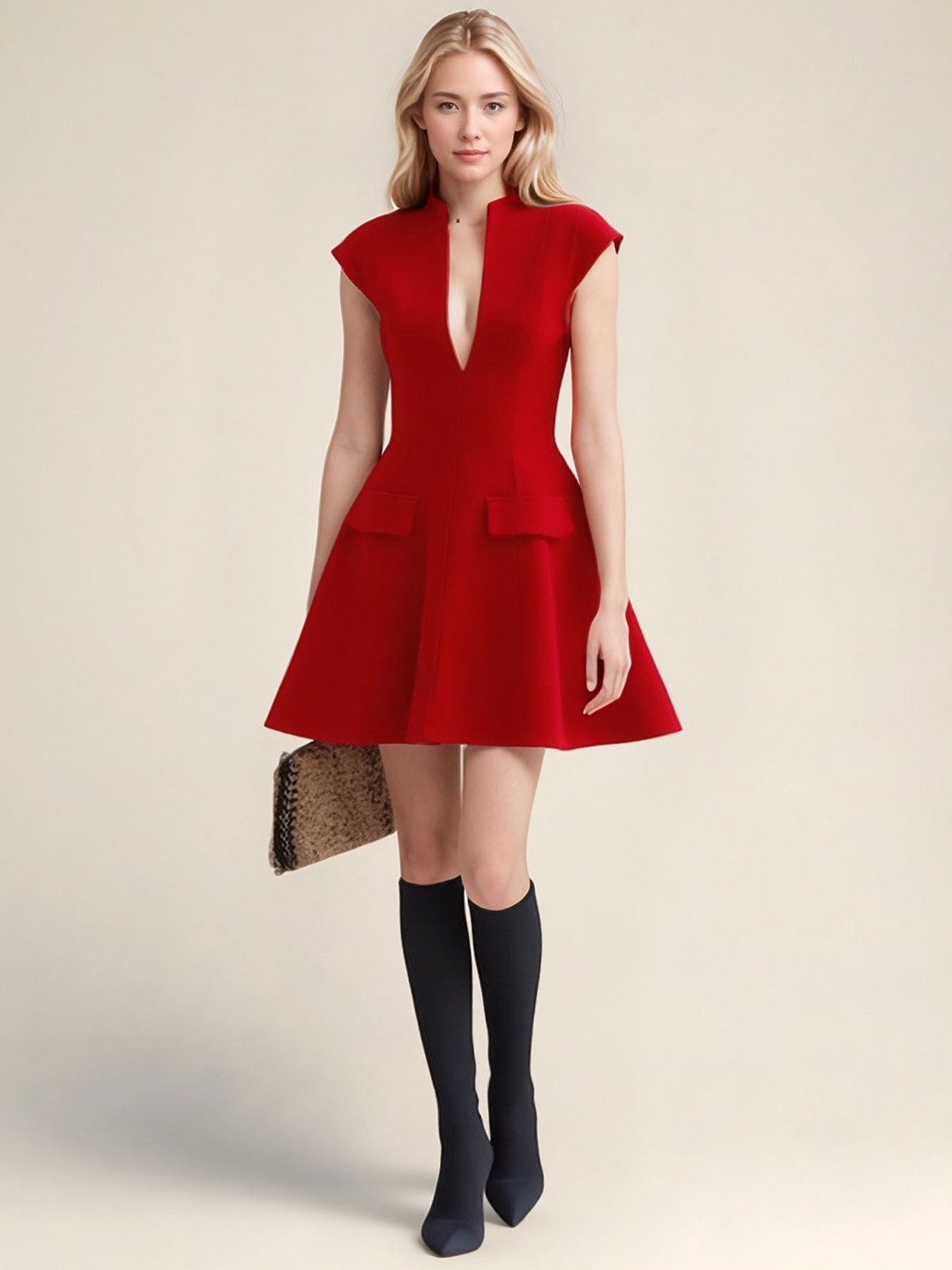 Outzidr High Neck Cap Sleeves Skater Dress