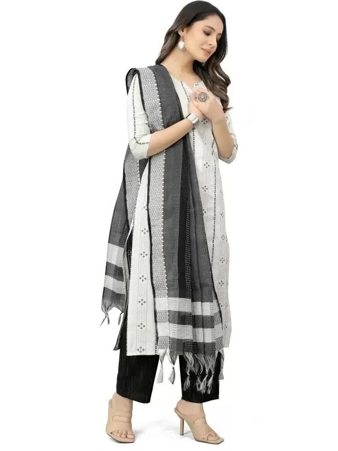 MISBA COLLECTION Women White Cotton Blend Kurta Sets With Dupatta