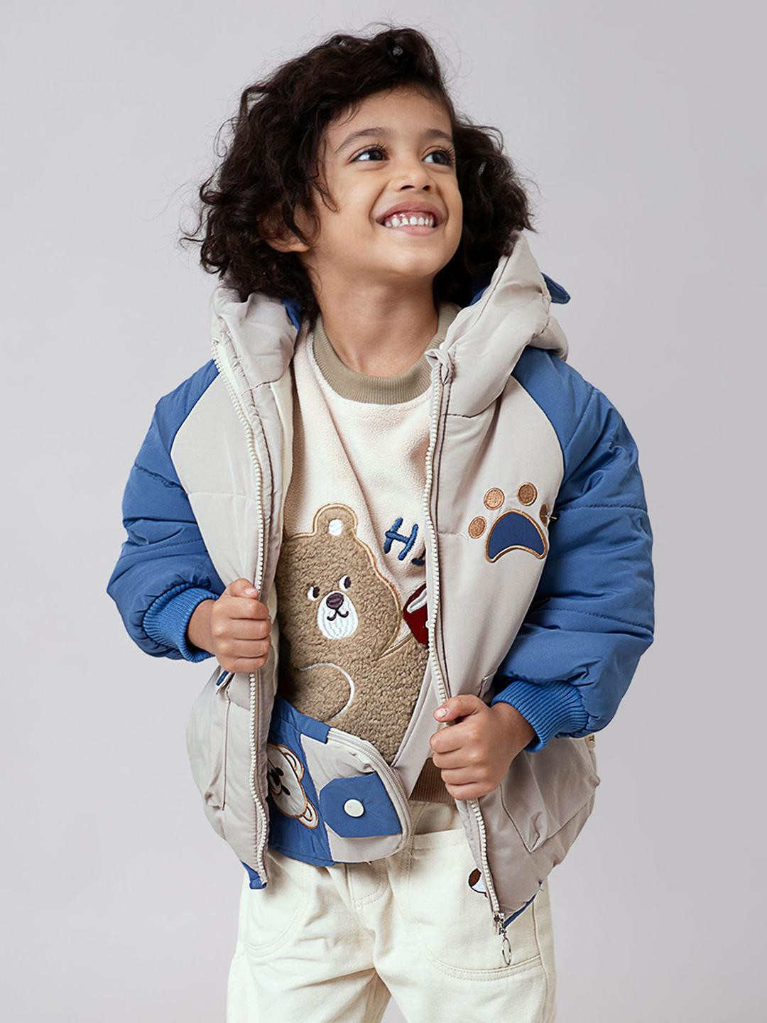 Hopscotch Kids Off White Teddy Bear Applique Hooded Puffer Jacket