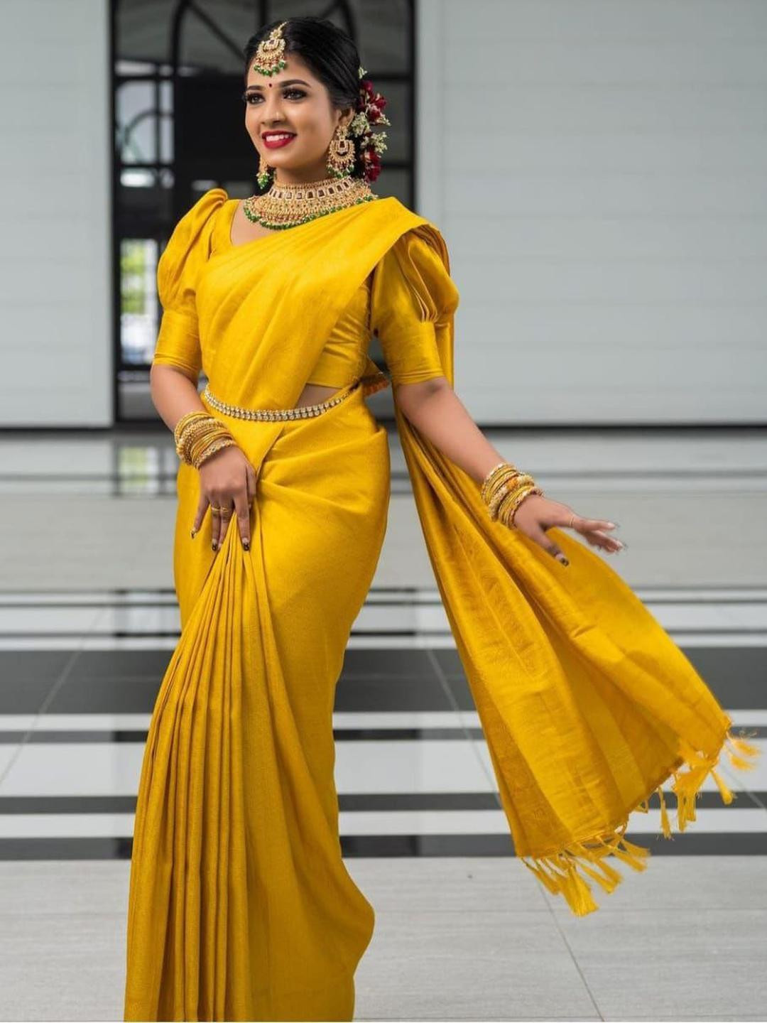 GHAN SALS Yellow Silk Blend Woven Design Sarees