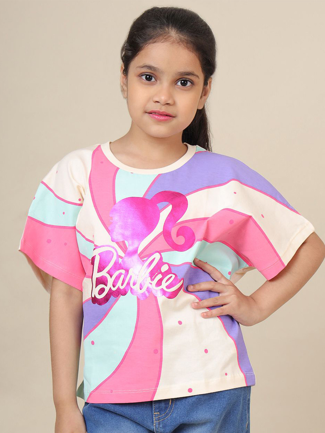 Kids Ville Girls Barbie Printed Oversized Fit Pure Cotton T-Shirt