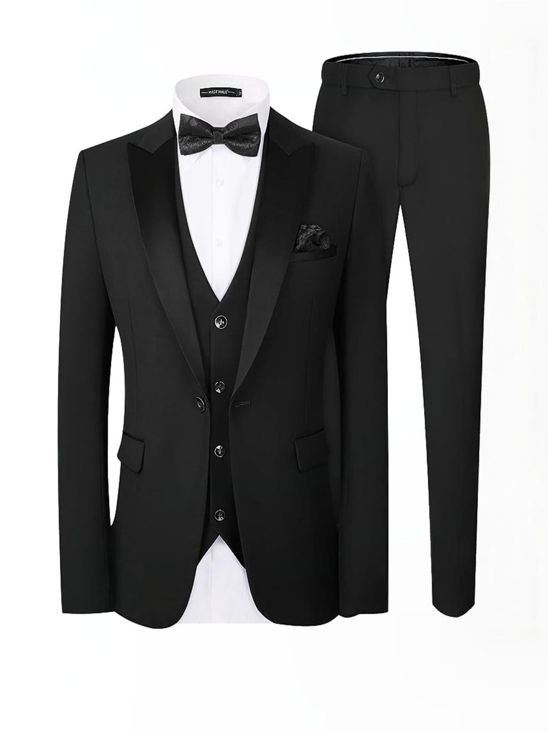 DHINGRA Men Black Solid Lapel collar Tuxedo 3 Pcs Suit