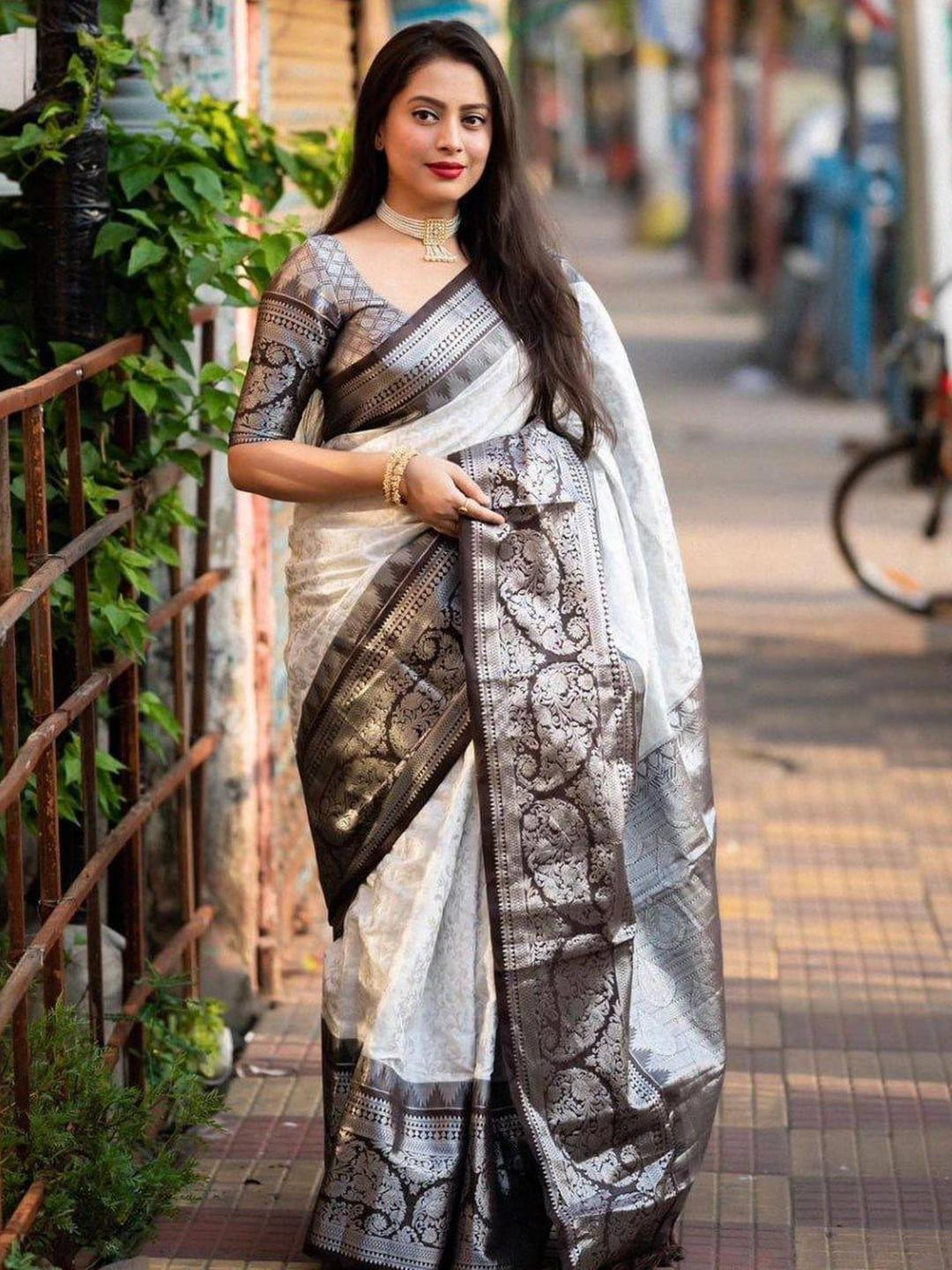 GHAN SALS White Silk Blend Woven Design Sarees