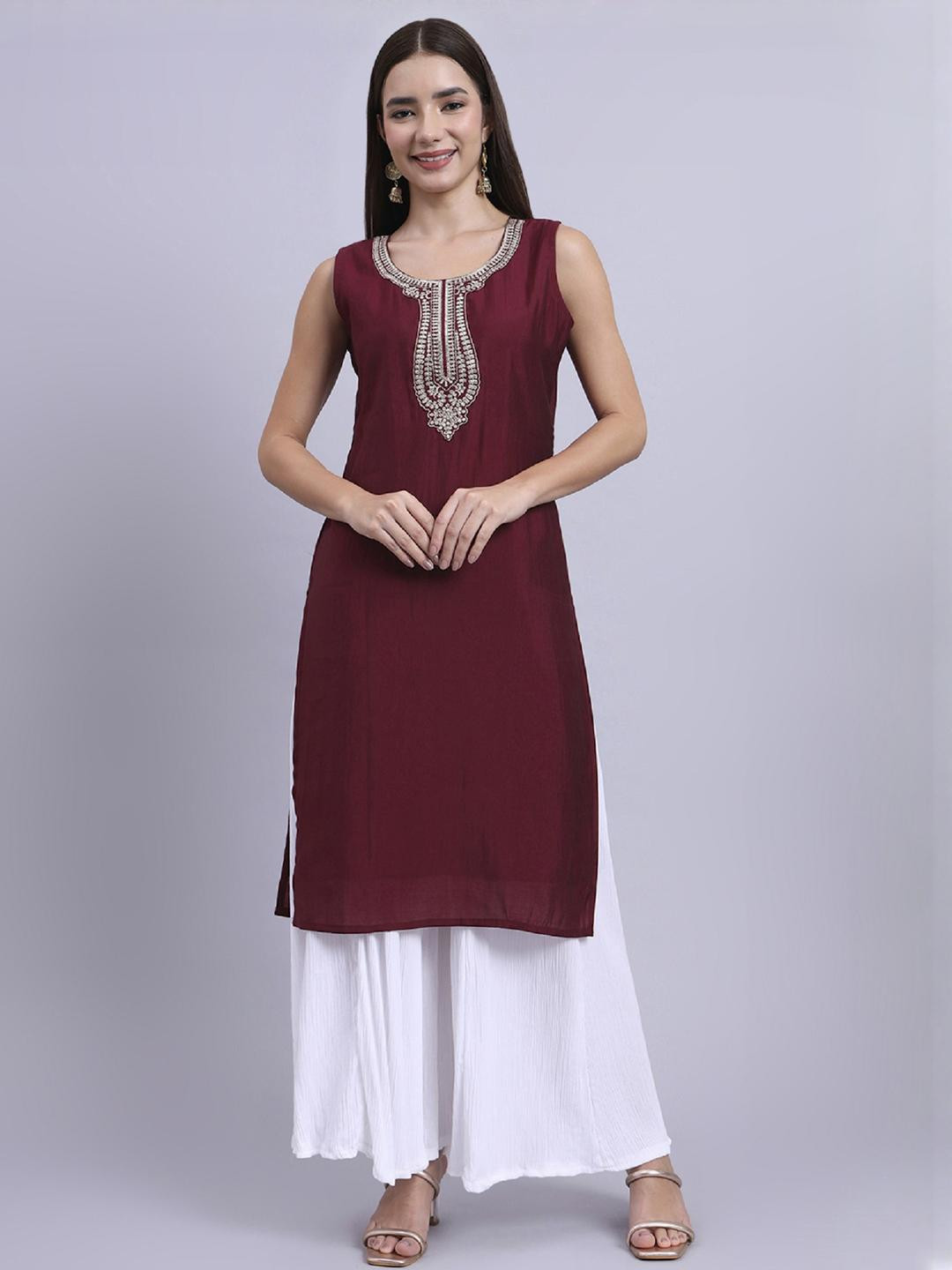 BANJANAN Women Maroon Cotton Silk Kurtas
