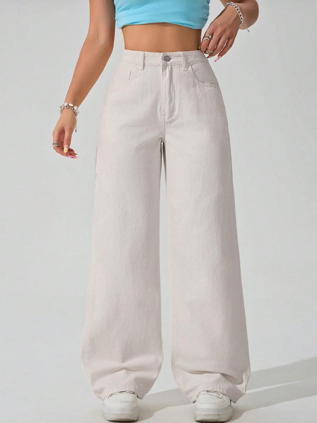 Ds Fashion Women Cream Wide Leg High-Rise Applique Jeans