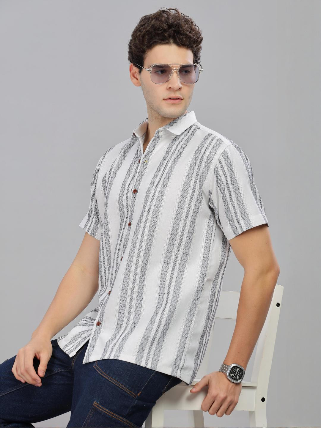 Moda Rapido Men White Polycotton Striped Classic Casual Shirts