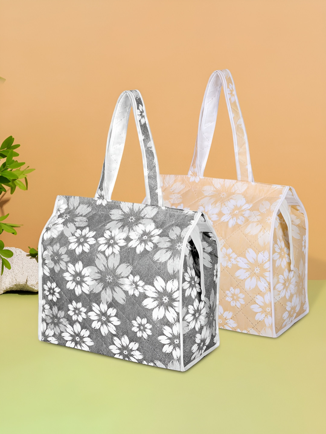 Aura White & Grey 2 Pieces Printed Shopping Bags With Handles