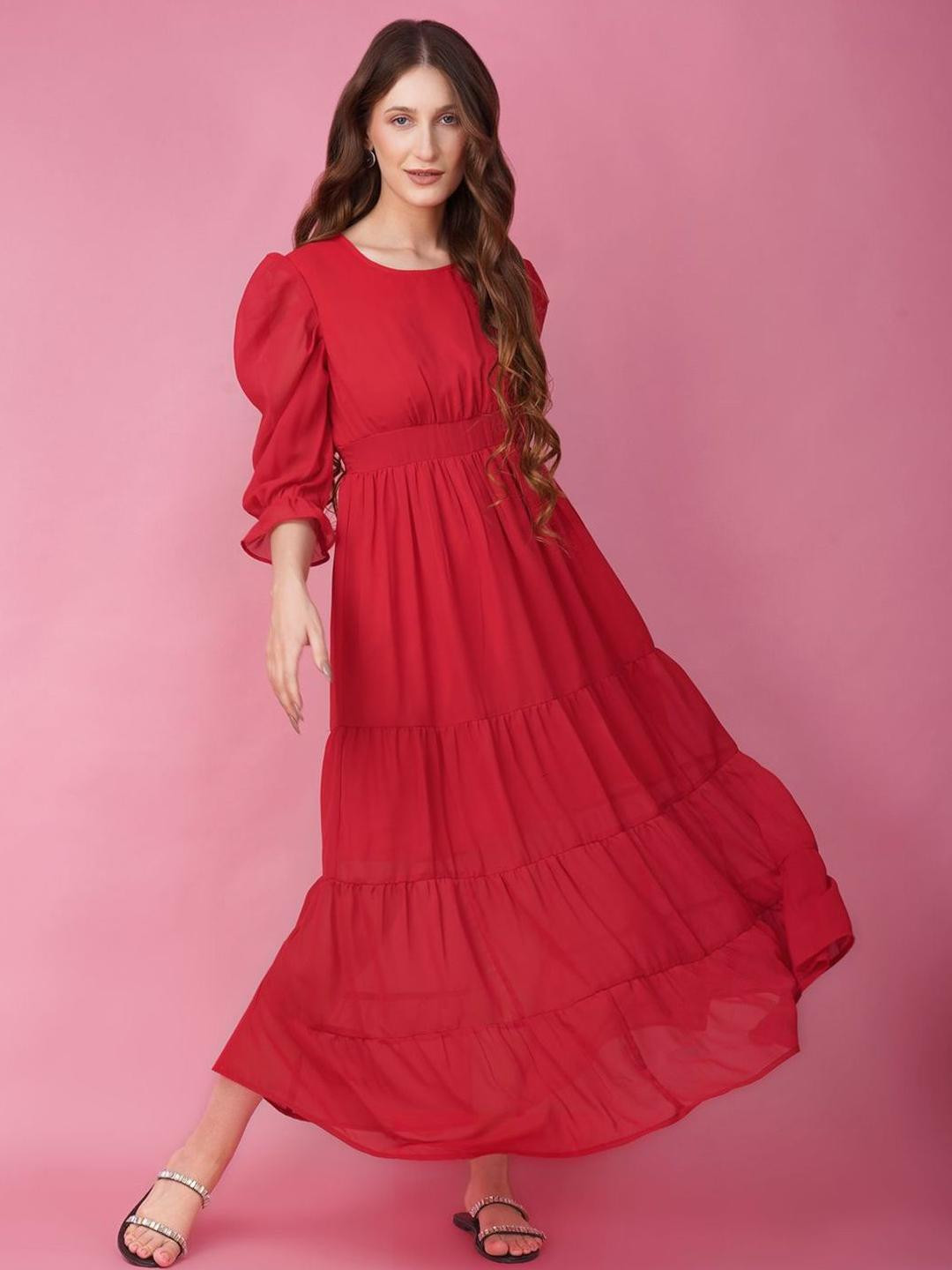 HERE&NOW Women Red Solid Puff Sleeve Georgette Maxi Dress