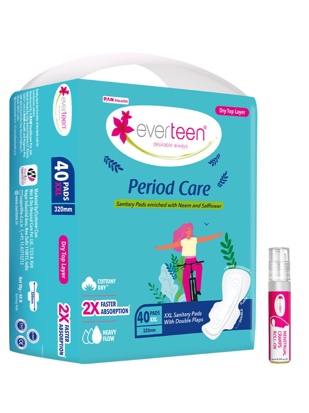 everteen Dry Neem Safflower Sanitary Pads With Free Menstrual Cramps Roll-On- 40 Pads- XXL