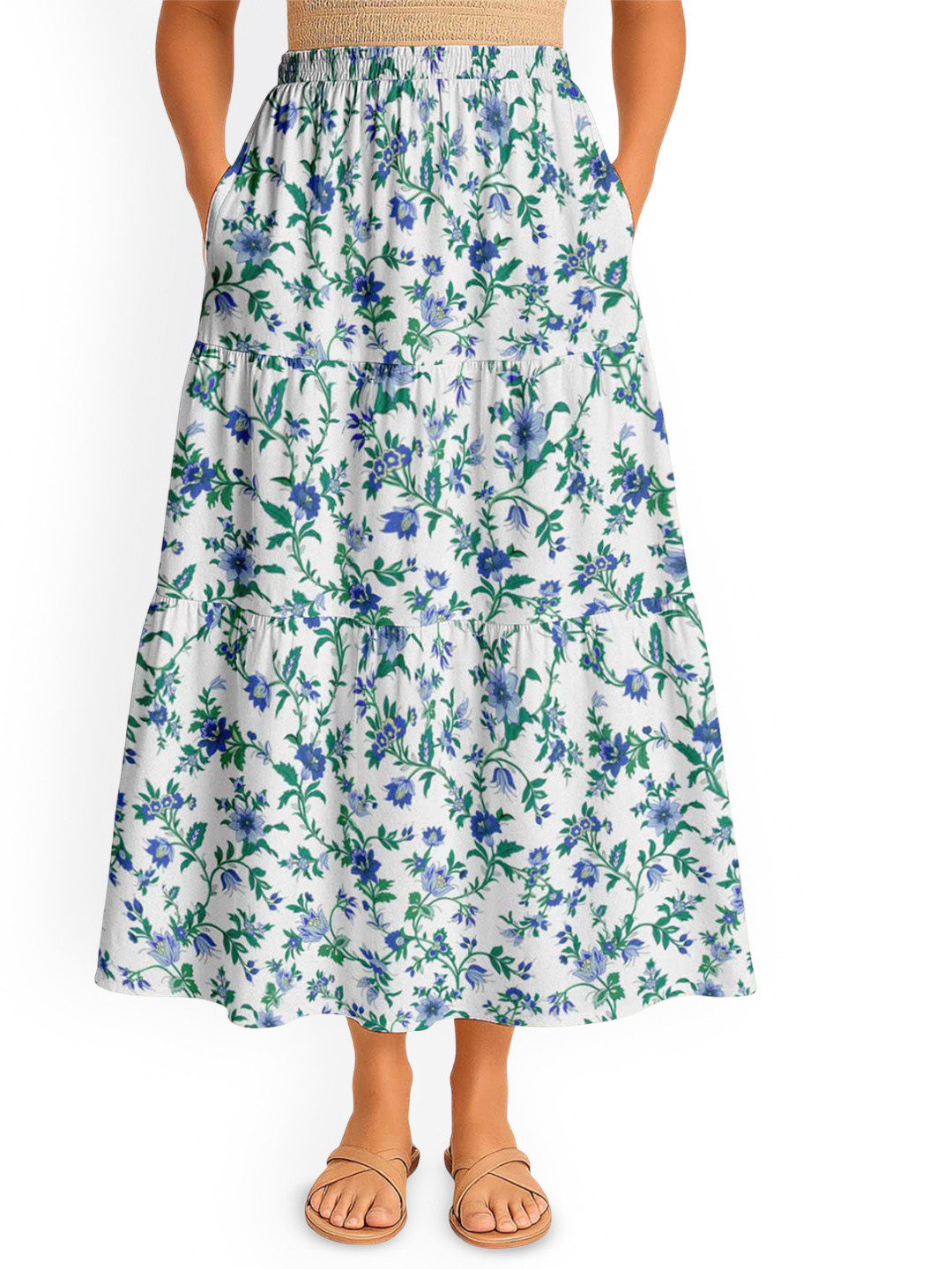 Moomaya Women Floral Printed Boho Tiered Maxi Skirt