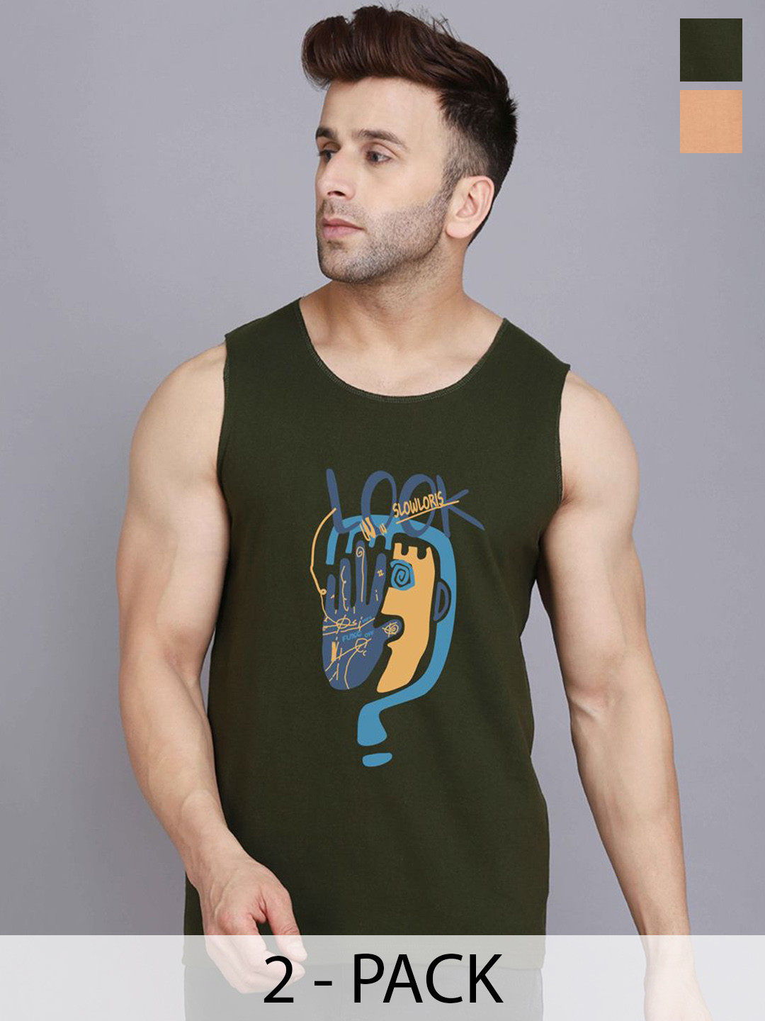 SLOWLORIS Men Pack Of 2 Printed Gym Vest VSL26 CMB(LOOK OLIVE)(KEEP BLACKRUST)