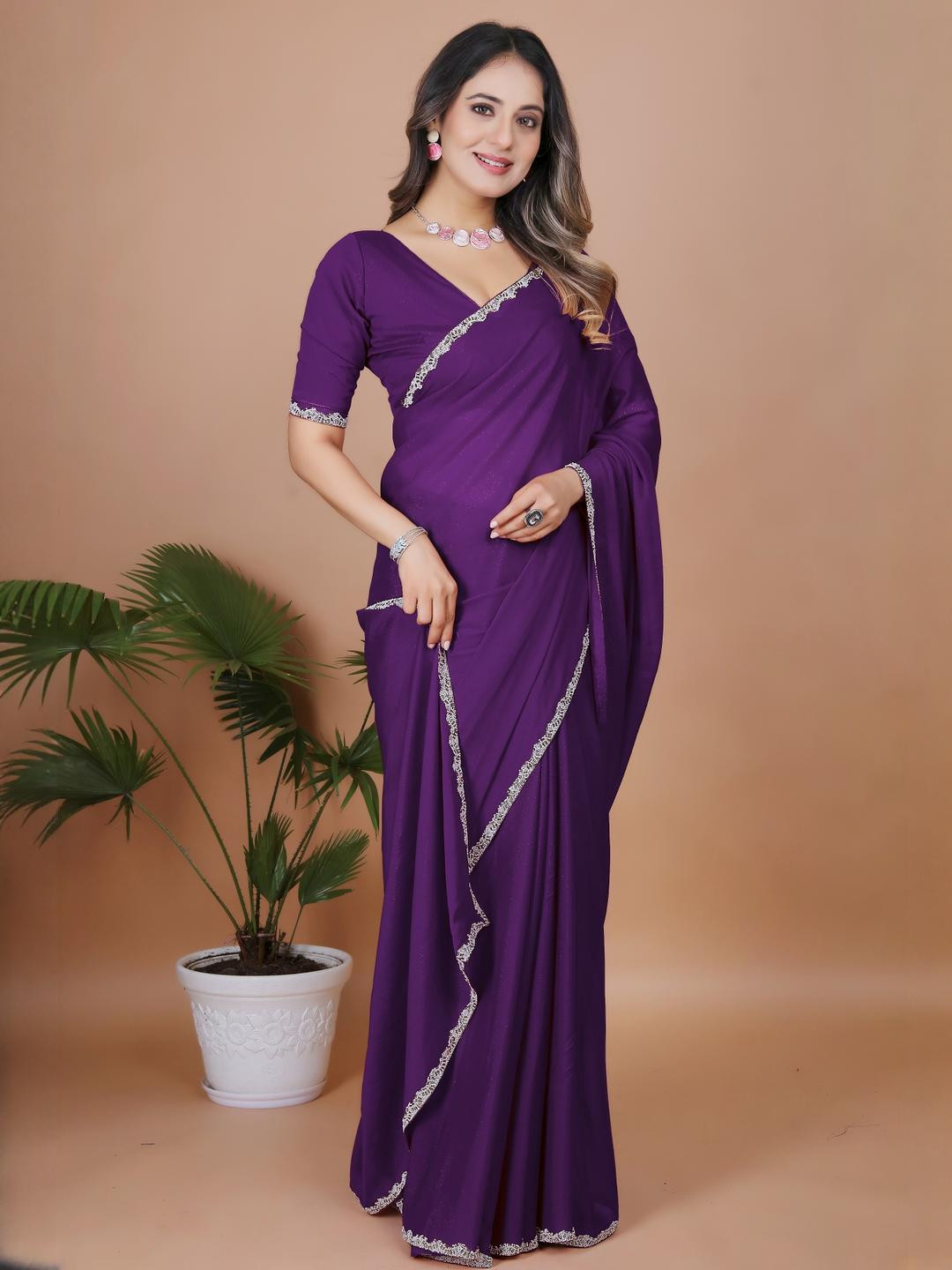 Avojee Violet Poly Georgette Embellished Sarees