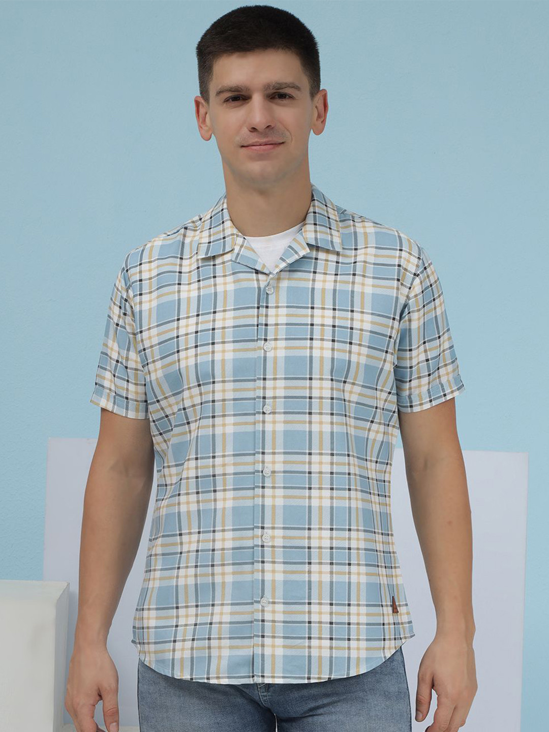 JAKANARY Men Premium Slim Fit Checked Cuban Collar Cotton Casual Shirt
