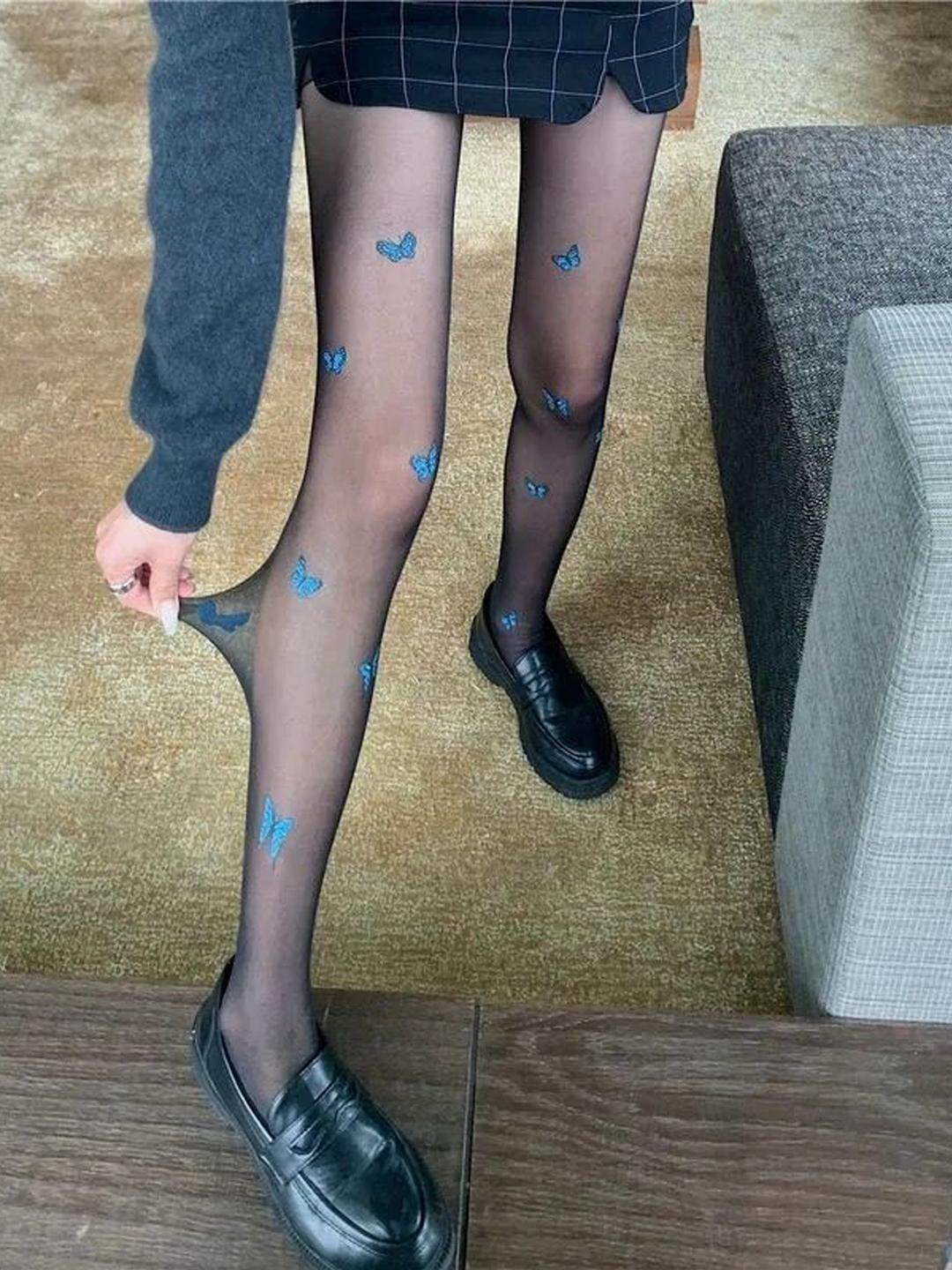 VAGHBHATT Women Sheer Black Stockings with Blue Butterfly