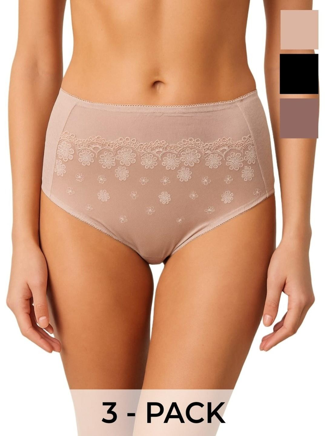 Blush Lado Women Pack of 3 Floral Lace High-Waist Full-Coverage Briefs