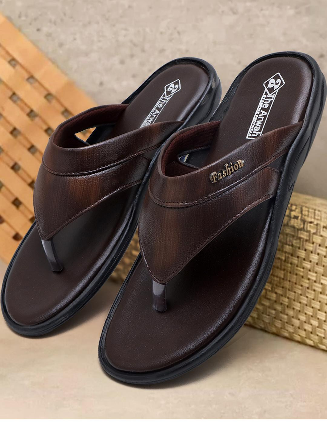 The arwah Men Brown T-Strap Flats