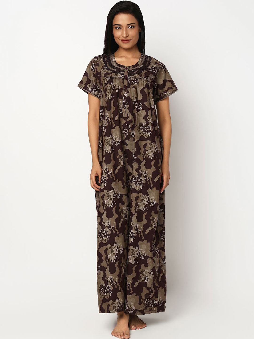 Juliet Women Printed Round Neck Half Sleeves Maxi Nightdress