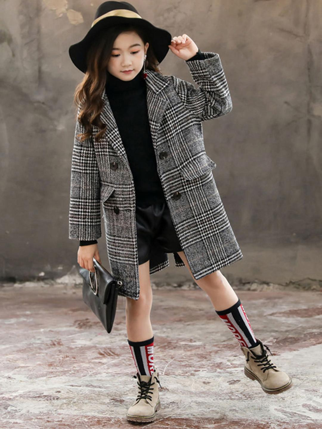 Hopscotch Kids Black Classic Plaid Long Coat