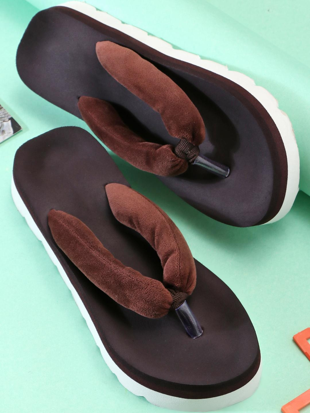 TOMSY CHOICE Women Brown & Black Faux Fur Strap EVA Sole Thong Flip-Flops